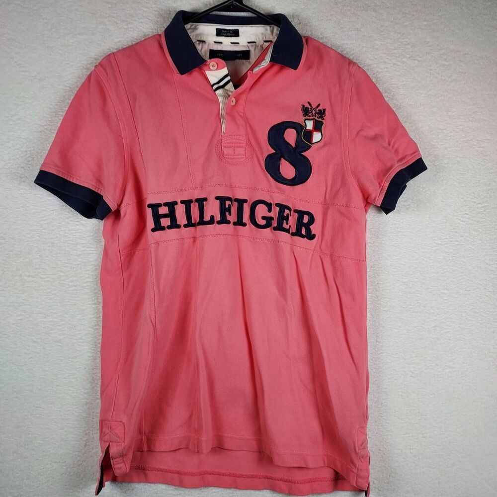 Tommy Hilfiger Mens Custom Fit Polo Sz M Pink Navy Rugby Crest Logo #8